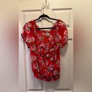Abercrombie & Fitch Red Floral Ruffle Button-Front Blouse